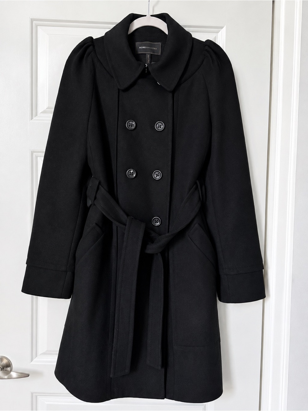 BCBGMaxAzria Black Double-Breasted Belted Trench Coat
